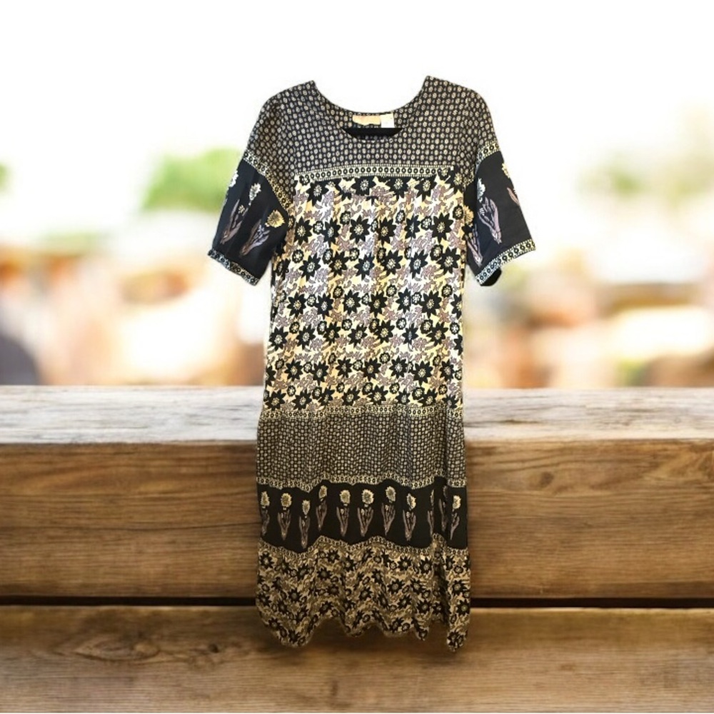 LA CERA Green Floral House Lounge Dress Tiered Muu Muu Caftan Boho India Maxi M